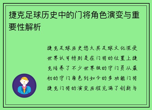 捷克足球历史中的门将角色演变与重要性解析