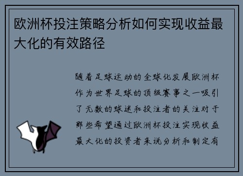 欧洲杯投注策略分析如何实现收益最大化的有效路径