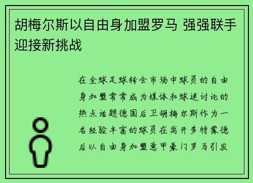 胡梅尔斯以自由身加盟罗马 强强联手迎接新挑战